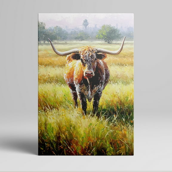 1pc Western - style Long - horned Bull in Meadow Canvas Wall Art, framed Decor room hanging Wall Picture Decor for Home Gifts, living room, bathroom, bedroom, kitchen wall art decor canvas wall art