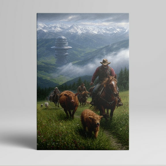 1pc Western - themed Canvas Wall Art Featuring Cowboys Herding Cattle with a Futuristic Spaceship in the Mountainous Background, Framed Decor room hanging Wall Picture Decor for Home Gifts, living