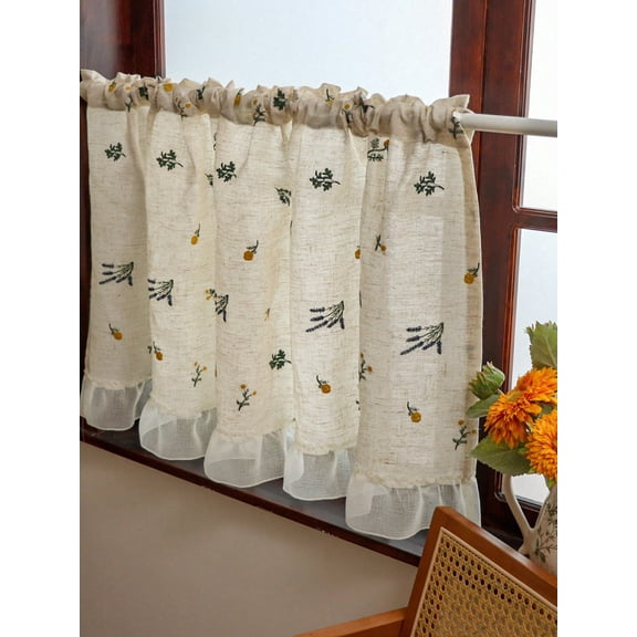 1pc Wheat Ear Embroidered Cafe Curtain, Fresh Pastoral Style with Leaf Edge, for Kitchen Cabinet, Bay Window, Door Curtain, Home Decor Gift 100 X 60cm