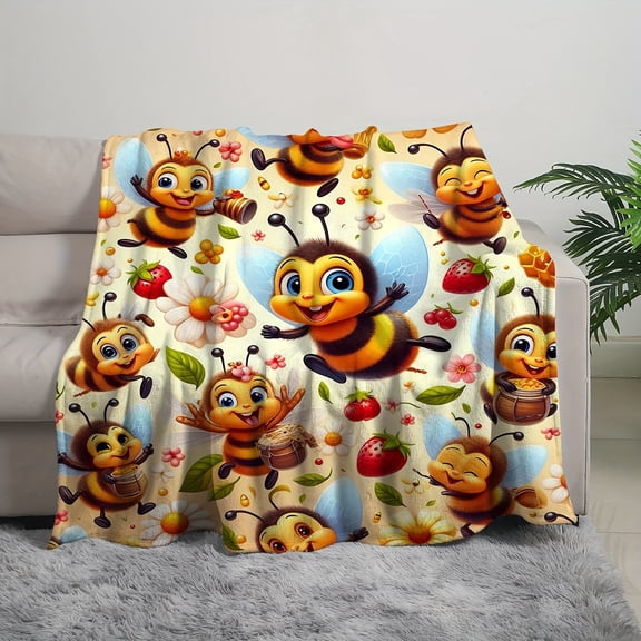 1pc Whimsical Bee Cartoon Fleece Throw Blanket - Cozy, Reversible, All-Season Polyester Flannel with Vibrant Digital Print for Sofa & Room Decor