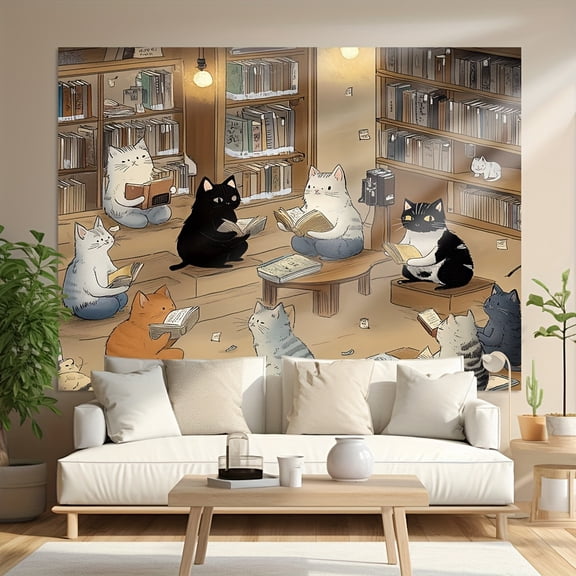 1pc, Whimsical Cat Library Scene Wall Tapestry, Polyester, No Electricity Needed, Perfect for Home Decor, Parties, Photo Booths, and Festive Events
