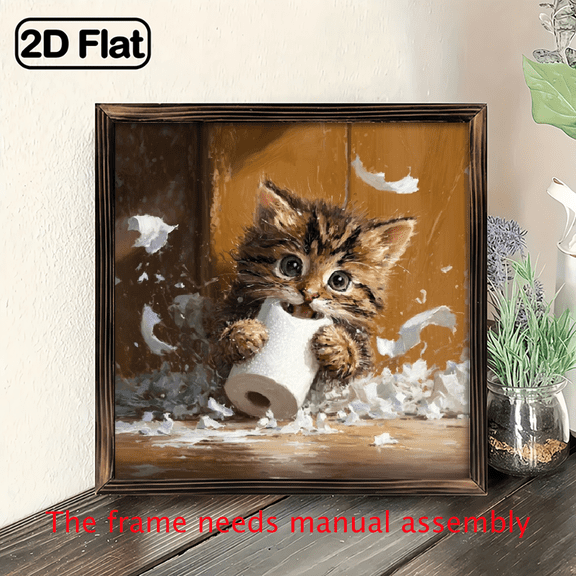 1pc Whimsical Cat Toilet Paper Wooden Framed Sign - Rustic Farmhouse Wall Art with Humorous Cat Design, 8x8 Inch Ready-to-Hang Home Decor for Kitchen, Bathroom, Living Room - Unique Housewarming G