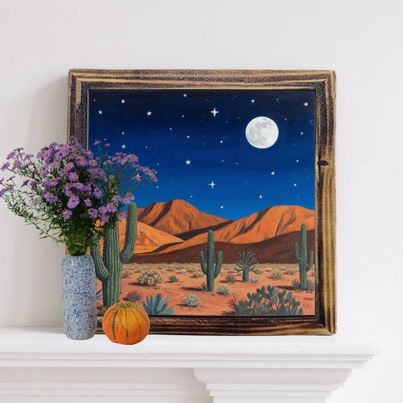 1pc Whimsical Desert Cactus & Moon Wooden Framed Sign - Rustic 8x8 Inch Vintage Starry Night Sky Wall Art with Cacti, Stars & Mountain Silhouettes, Vibrant Mexican Home Decor for Bedroom, Office, Gard