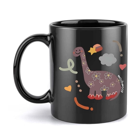 1pc Whimsical Dinosaur Floral 11oz Ceramic Coffee Mug Black with Colorful Dinosaur Hearts and Stars Design All Seasons Birthday or Holiday Gifts Dinosaur Room Decor