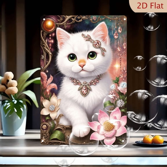 1pc Whimsical Fantasy Fluffy White Cat Metal Wall Art, 8x12 Inches, Ornate Jewelry Headpiece & Necklace, Dreamy Starry Night Sky with Flowers, Golden
