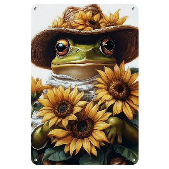 1pc Whimsical Frog with Sunflower Hat Metal Wall Art, Rustic Iron Home & Garden Decor, Easy Mount, Durable, Reusable, Unique Gift - 8x12 Inches