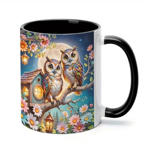 1pc Whimsical Owl Couple Ceramic Mug 11oz Moonlit Cottage Floral Design Hand Wash Only Birthdays Weddings Office Home Use