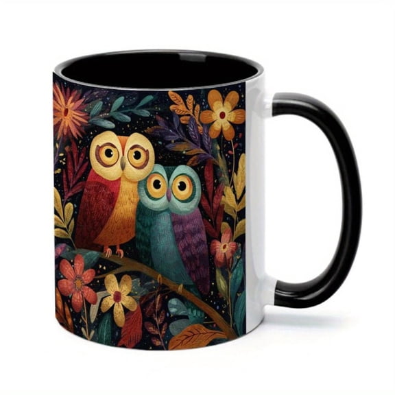 1pc Whimsical Owls Floral Ceramic Mug 11oz Vibrant Nighttime Design with Colorful Owls Blooming Flowers Birthdays Holidays Office Family Parties Weddings and Labor Day Coffee Cup
