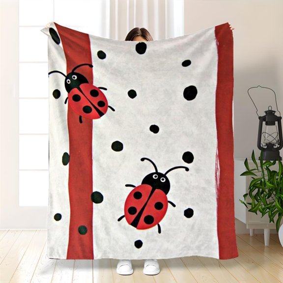 1pc Whimsical Red and White Ladybug Design Throw Blanket | Comfortable All-Season Cover for Living Room, Bedroom, or Outdoor Use - Easy-Care, Multipurpose Quilt - 280gsm Polyester Flannel