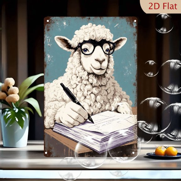 1pc Whimsical Sheep Illustration Metal Wall Art, 8x12 Inches, Curly White Wool Sheep with Black-Rimmed Glasses Writing on Papers, Vintage Teal Background, Cartoonish Playful Style