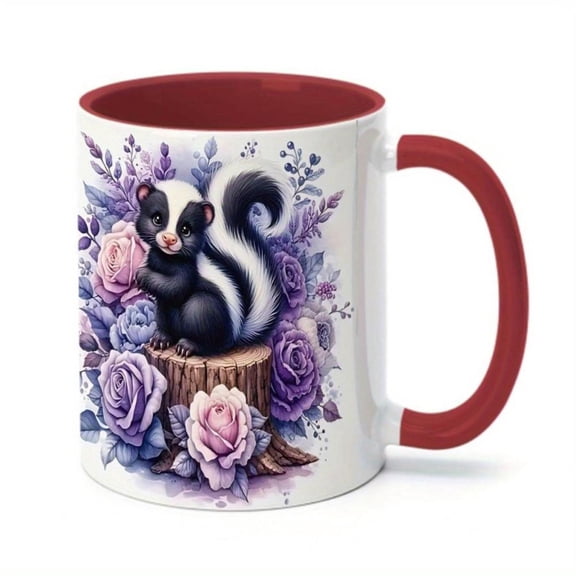 1pc Whimsical Skunk Floral Design 11oz Ceramic Coffee Mug with Red Handle Durable Easy Clean All Seasons Ideal Friends Family Allseason Mug Vibrant Illustration Easy Clean Surface