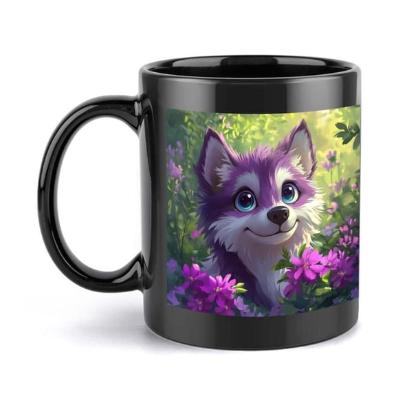 1pc Whimsical Wolf Design 11oz Ceramic Coffee Mug Vibrant Purple Green Wolf in Floral Field Durable Black Drinkware All Seasons Birthday or Holiday Coffee Bar Accessories