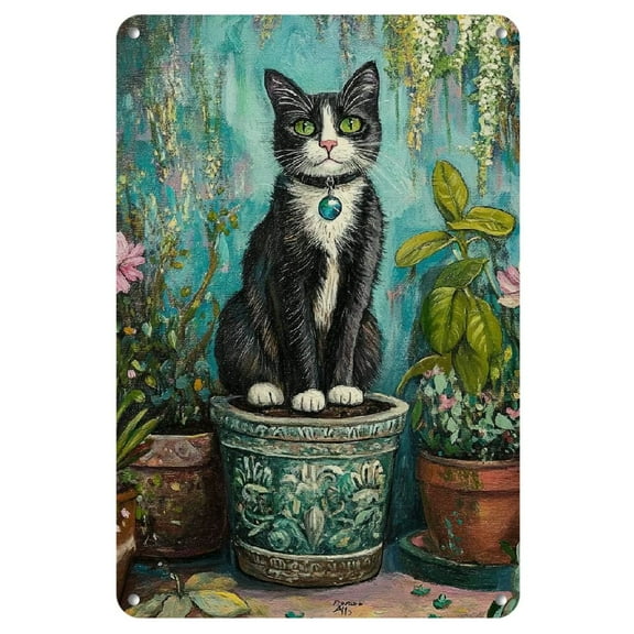 1pc Whimsy Garden Cat Iron Wall Art - 8x12" Durable Metal Plaque with Engraved Cat on Flowerpot Design for Home, Bar, Cafe, Garden, Farmhouse Decor - Indoor/Outdoor Decorative Sign