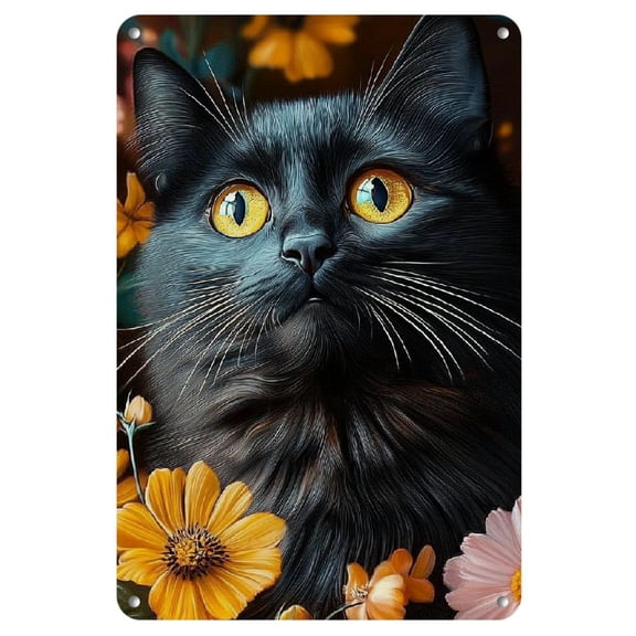 1pc WhimsyCat Iron Wall Decor Sign - Black Cat with Yellow Eyes &amp; Colorful Floral Accents, Fantasy Garden Theme, Versatile for Christmas, Halloween, Anniversaries, Bachelor