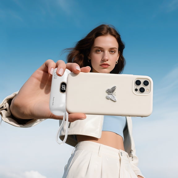 1pc White 5000mAh portable charger, supports PD fast charging, small charging dock with LED display, compatible with iOS and Android phones, includes Type-C plug and charging cable.