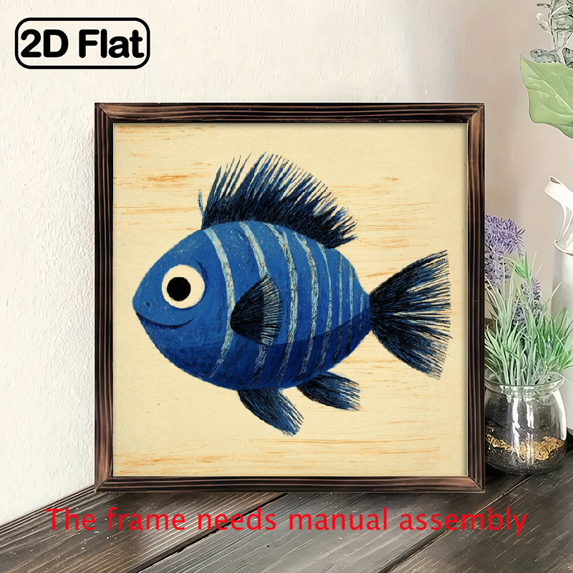 Image showcasing 1pc White Blue Striped Fish Wall Art - 8x8 Inch Recycled Wood Frame ...