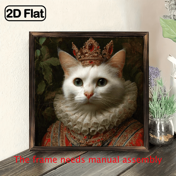 1pc, White Cat Royal Portrait Wood Framed Sign - Classic Wooden Wall Decor for Living Room, Kitchen, Office, Home Decor, Housewarming Gifts - Pet Lover Wall Decoration, 8x8 Inch, Decorative Sign
