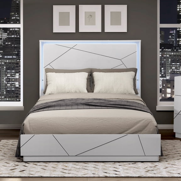 1pc White Finish King Size Panel Bed Geometric Design LED Light Headboard