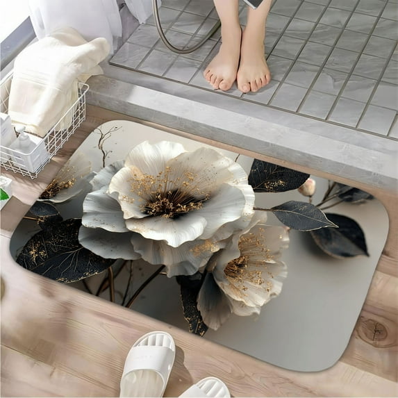1pc White and Gold Flowers Absorbent Non-Slip Bathroom Thickened Flannel Rug Decor,Soft,Quick Drying,Suitable For Indoor/outdoor Use,Bathrooms,Bedrooms,Kitchens,Terrace,Laundry Rooms,16"x24"
