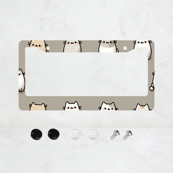 1pc White and Gray Cat Pattern 2-Hole License Plate Frame, Cartoon Design, Aluminum Material, 6x12 Inches, with Screw Set, Fun Car Decoration Gift, American Standard Universal Size for Vehicle Plates