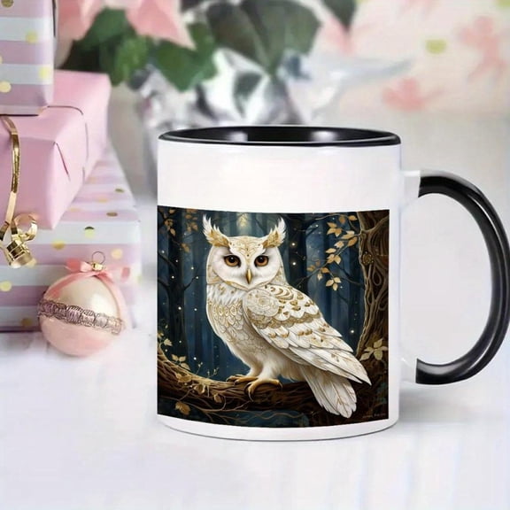 1pc White Owl Golden Glittering Owl Mug 11oz Heavy Duty Ceramic Coffee Cup with Golden Rim Black Handle Durable Glossy Owl Design with White Owl Golde