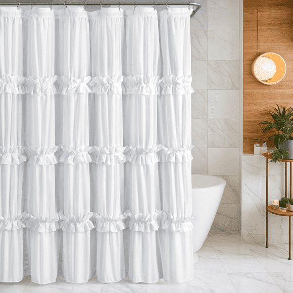 1pc White Ruffle Shower Curtain - Farmhouse Cloth Bathroom 72 x 72 Inches Texture Fashion, Double Layer Fabric