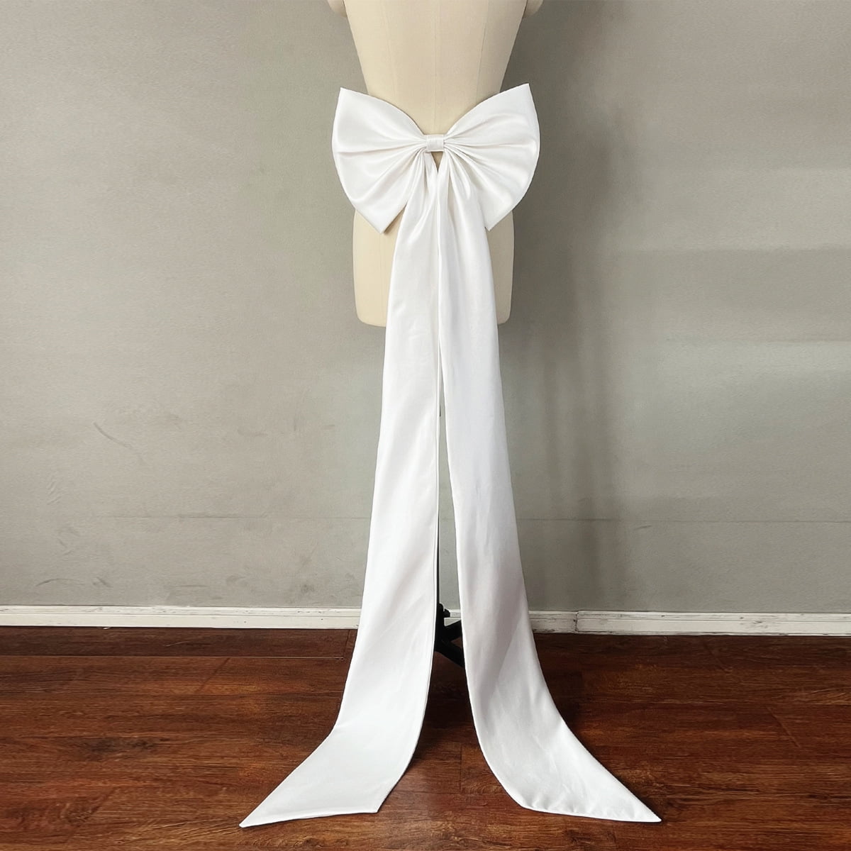1pc White Satin Back Big Single Layered Black Bow & 150cm Long Ribbon For Waist Decoration