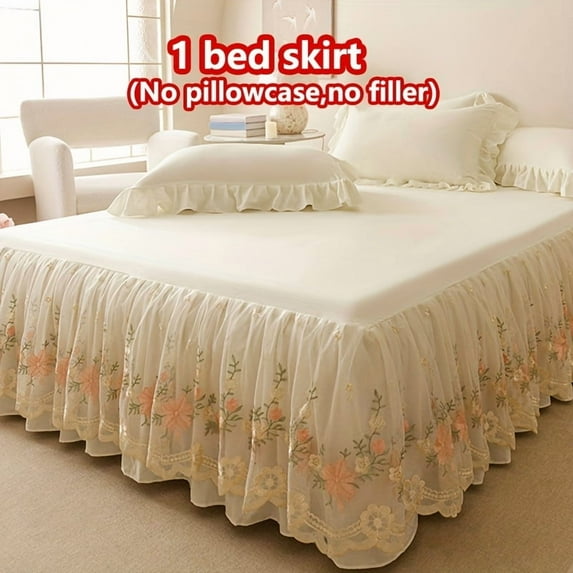 1pc White Solid Color Light Beige-Friendly Bed Skirt with Floral Pattern & Ruffled Lace Trim - Breathable Anti-Wrinkle Cover, Detachable Multi-Layer