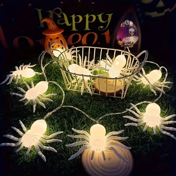 1pc White Spider LED String Lights - Battery-Powered Halloween Decor with Glowing Red Spikes for Spooky Ambiance