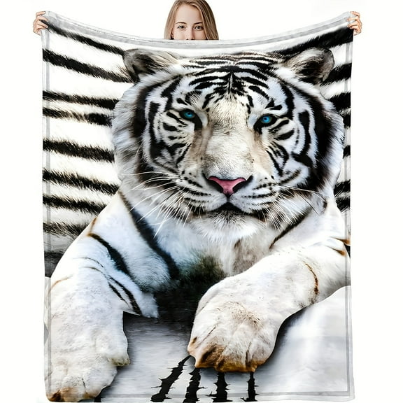 1pc White Tiger Print Flannel Blanket, Square Gift Blanket Soft And Comfortable, Suitable for Adults at Home Picnic Travel
