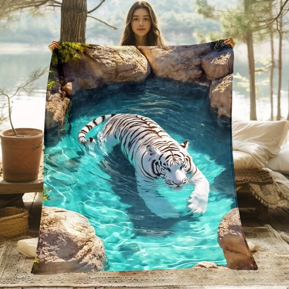 1pc White Tiger in Turquoise Water Jungle Print Bedspread - Soft Flannel Fabric Lightweight Bedding for Sofa, Bed - Turquoise & White Tiger Design, Machine Washable Cozy Blanket for Home Decor