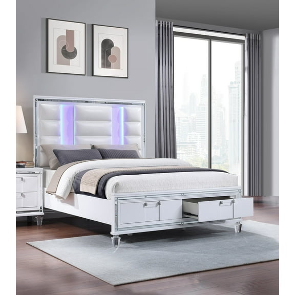 1pc White Upholstered Headboard LED Light Storage Footboard Drawers Queen Bed
