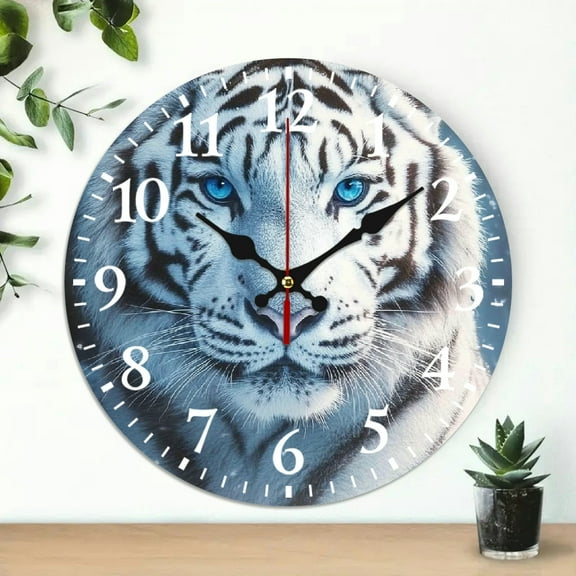 1pc White tiger snow Theme Wall Clock, 10 inch Round Wooden Wall Clock for Home Decor Perfect for Living Room, Dorm, Bedroom, Kitchen, Home Office & More, Wall Clock Living Room