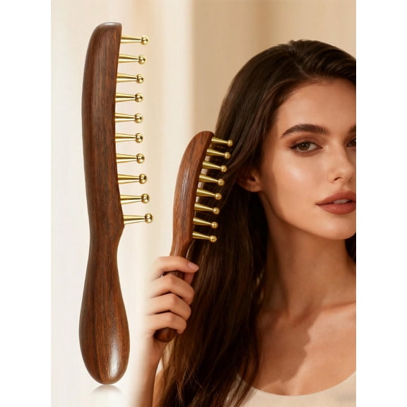 1pc Wide Tooth Comb Brass Material Long Handle Large Round Teeth Scalp Massage Brush Suitable For Curly Straight Hair Styling Body Massage Tool