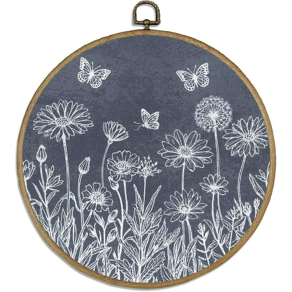 1pc Wildflower Bouque Round Wall Art Decor 10" Framed Canvas Wall Art Boho Wall Decor with Vintage Hooks Hanging Artwork Prints for Wall Room Door Bedroom Living Room Porch Colorful