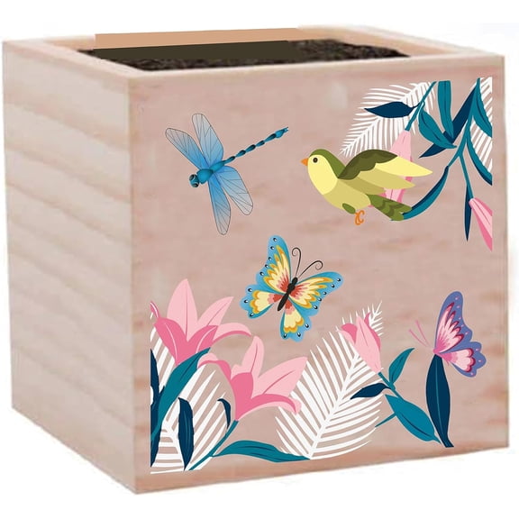 1pc Willow Wood Planters Flower Pots for Garden Supplies Square with Pattern Flower 75x75x75mm