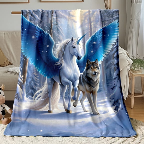 1pc Winged Horse & Wolf Blanket - HD Printed Flannel Bedspread Suitable for Travel, Camping, Sofa - Soft Warm Bed, Gift for s &, 3 Sizes (30x40in/50x60in/60x80in)