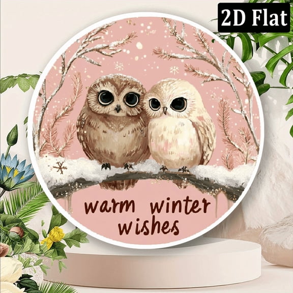 1pc Winter Owl Round Wreath Metal Sign 8x8 Inch Rustic Matte Wall Art with Snowflakes Branches, Pre-Drilled Holes for Easy Hanging, Home Kitchen Office Decor, Christmas Gift, 2D Flat