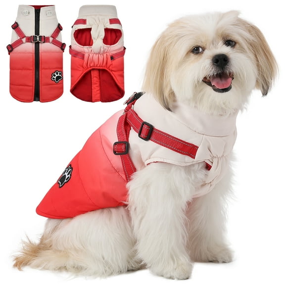 1pc Winter Pet Dog Jacket With Harness & Zipper Gradient Dog Windproof Reflective Comfortable Pets Coat Warm Thick for Dog Cat,Red,x-Small size