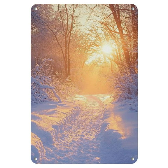 1pc Winter Sunset Glow Metal Wall Art, Iron Sign with Snow-Covered Trees, Serene Nature Scenery, Peaceful Atmosphere, Warm Tones, Ideal for Christmas, Home Decor, Anniversary, Halloween, Beach Party