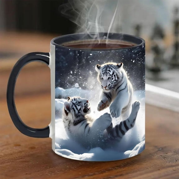 1pc Winter Tiger Cub dult Tiger Snowy Forest Ceramic Mug 11oz Cute White Tiger Black Interior Exterior Hand Wash Only Durable Coffee Cup dults Birthday Christmas Halloween Tiger Lover s Drink