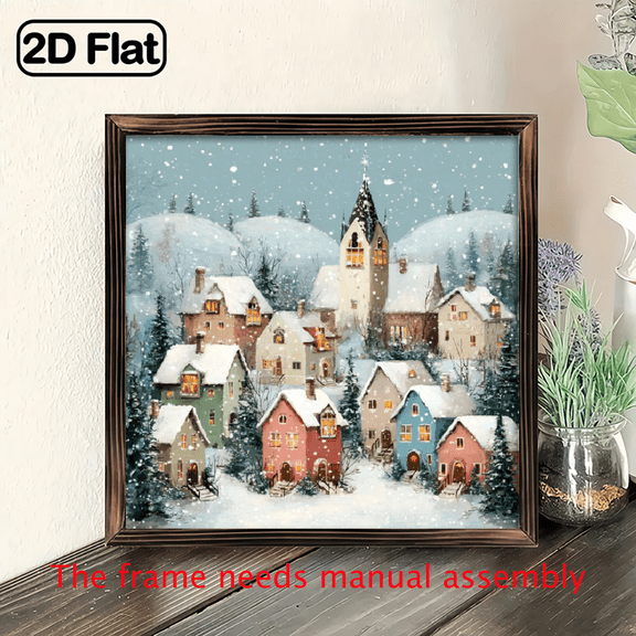 1pc Winter Village Wall Art - 8x8 Inch Rustic Wood Framed Wood Sign with Snow-Covered Houses, Pine Trees European-Style Church Spire - Farmhouse Christmas Decor for Home, Mantel, Tabletop - E