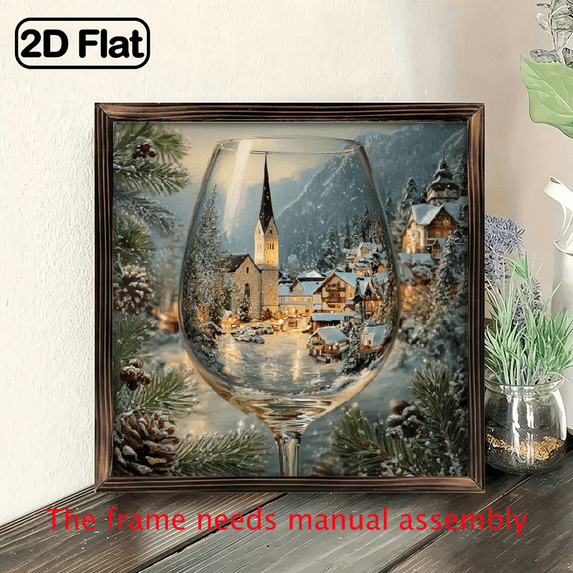 1pc Winter Village in Wine Glass Wood Framed Wall Art - 8x8in Rustic Farmhouse Snowy Mountain Landscape with Houses Evergreen Trees - European-Style Christmas Decoration for Home, Mantel, or Tabletop