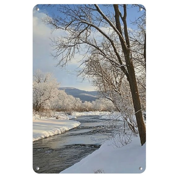 1pc Winter Wonderland Metal Wall Art, 8x12-inch Iron Rustic Tin Sign, Scenic Snowy River Landscape Decor for Living Room, Bedroom, Indoor/Outdoor Use