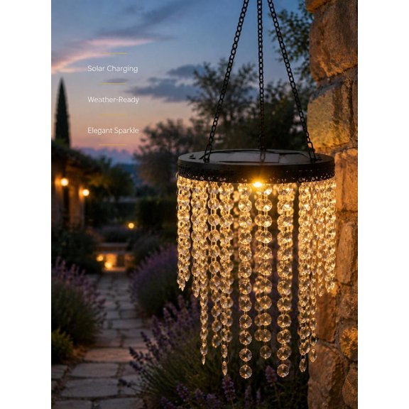 1pc Wire-Free Solar Crystal Chandelier, Auto On When Dusk Comes, Zero Electricity Cost, Hanging Outdoor Light, Decorative Lamp For Patio, Backyard, Wedding, Holiday Ornament