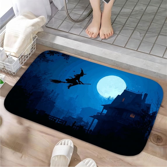 1pc Witch Flying at Night Absorbent Non-Slip Bathroom Thickened Flannel Rug Decor,Soft,Quick Drying,Suitable For Indoor/outdoor Use,Bathrooms,Bedrooms,Kitchens,Terrace,Laundry Rooms,16"x24"