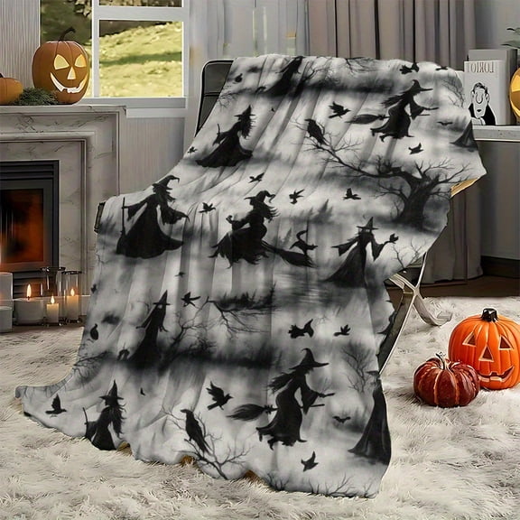 1pc Witch Silhouette Flannel Throw Blanket Perfect for Couch Bed and Ideal All Season Gift for Halloween Decor Home Decor and Gift Giving