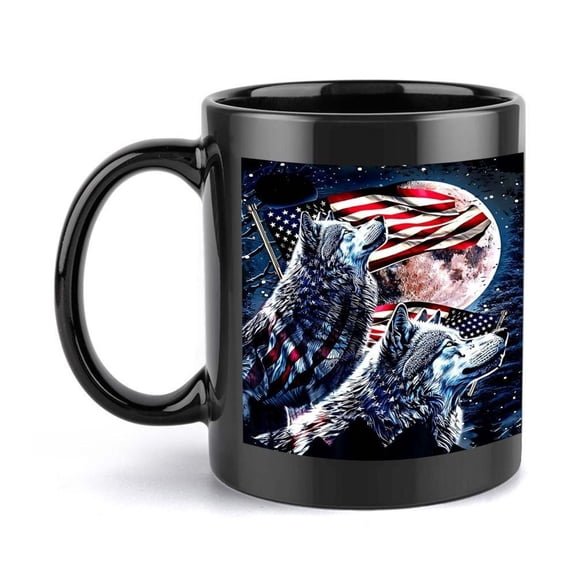 1pc Wolf American Ceramic Mug with Howling Stars Stripes Design 11oz Coffee Cup Men Ideal Veterans Birthdays Weddings Durable Black Wolf Pack Themed C