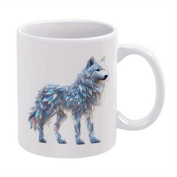 1pc Wolf Art Ceramic Mug 11oz Sparkling Blue White Wolf Design Coffee Cup Durable Ceramic Birthdays Christmas Weddings Office Home Use Party Drinkware