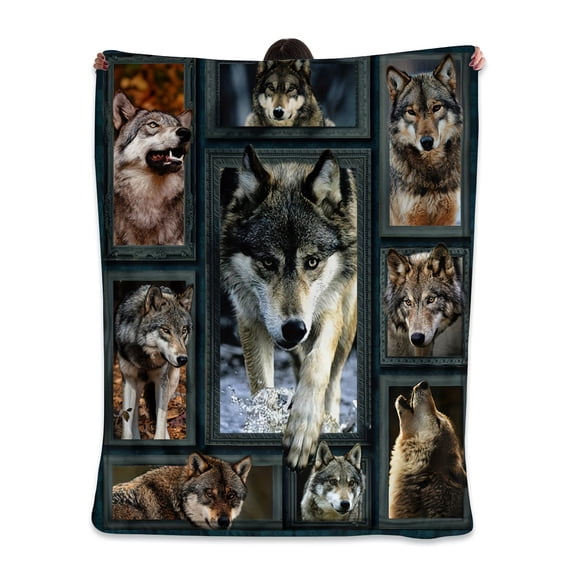 1pc Wolf Blanket - Realistic Wolf Heads in Black, Brown, Gray & Dark Tones - Ultra-Soft Flannel Throw for Couch, Bed, Chair - All-Season Warmth - Nature-Themed Home Decor Gift for Wildlife Lovers, Hi